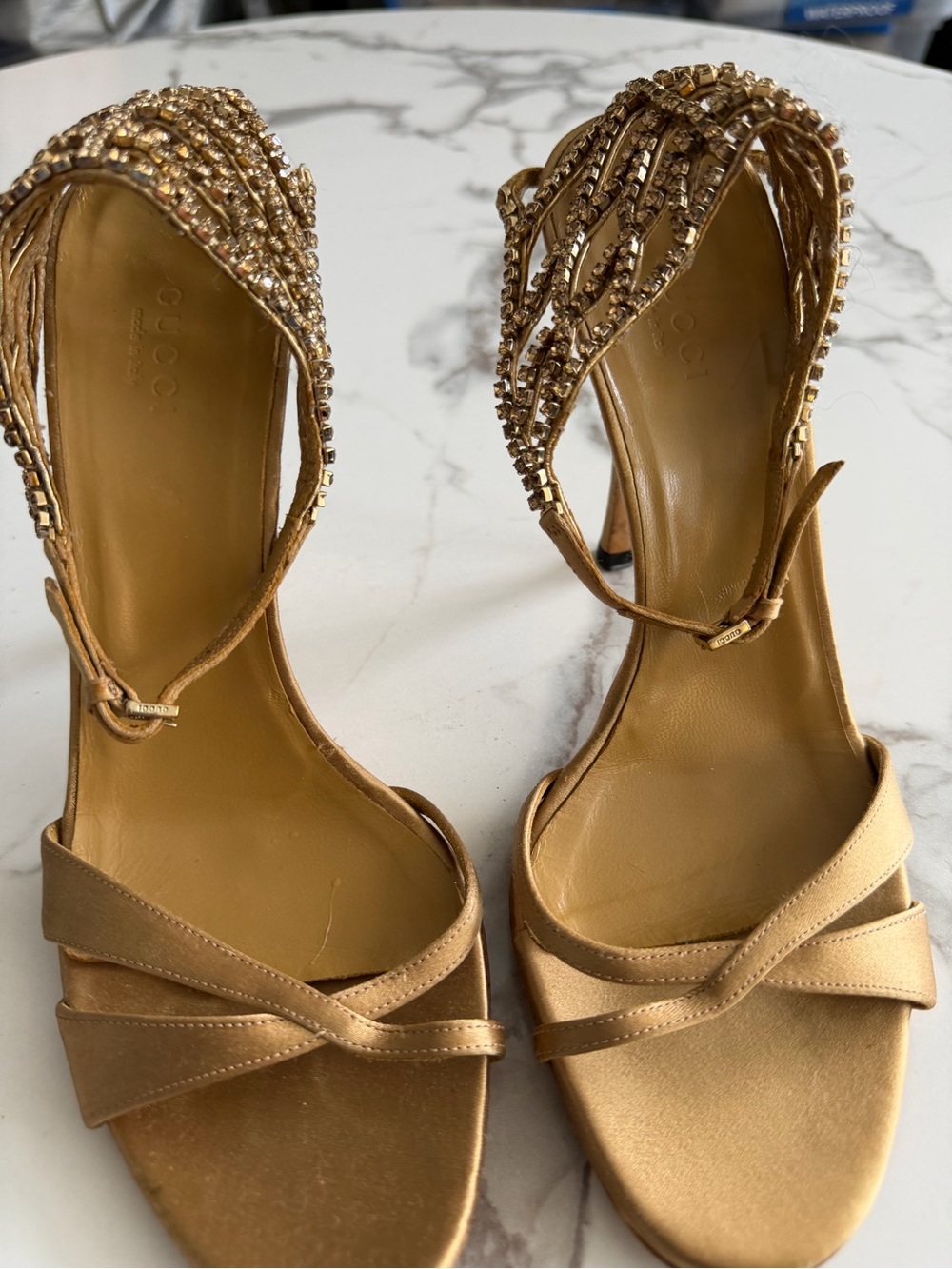 Gucci Gold Crystal-Strap Satin Heels